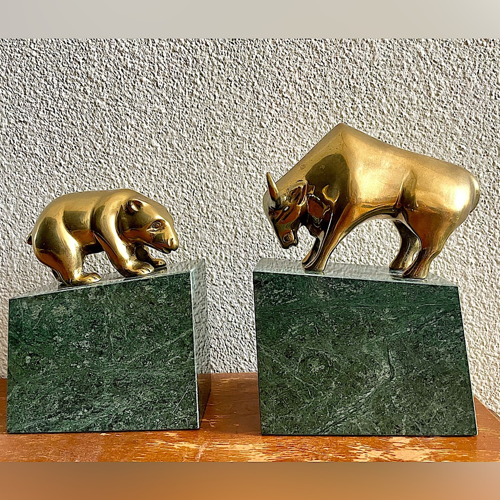 Vintage Wall Street Marble and Brass Bookends- Bear and Bull Figures